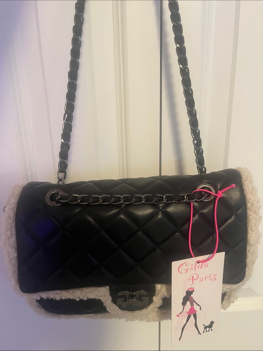 Gilda Paris Black Quilted Shearling-Trim Shoulder Bag NWT Retail $159 - Picture 8 of 9